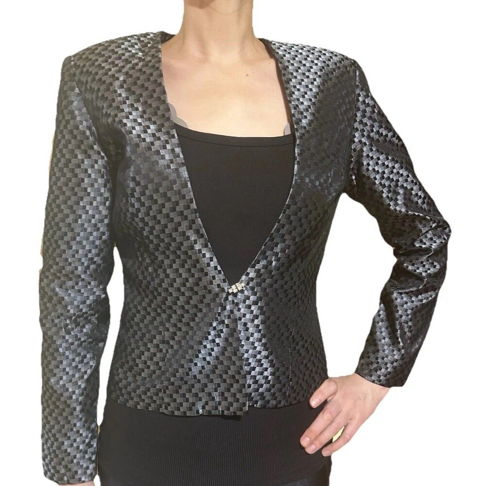 Vintage Size 6 Black Gray Checkered Jacket Cyberpunk Geometric Sci-fi Metallic